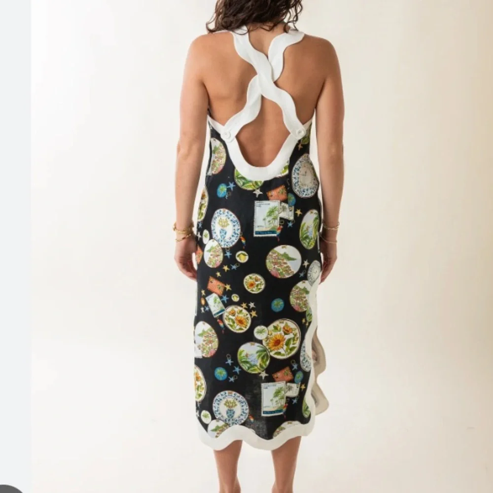 New FARM Rio Trip Souvenir Sleeveless Linen Scallop Trim Midi Dress - Picture 4 of 4